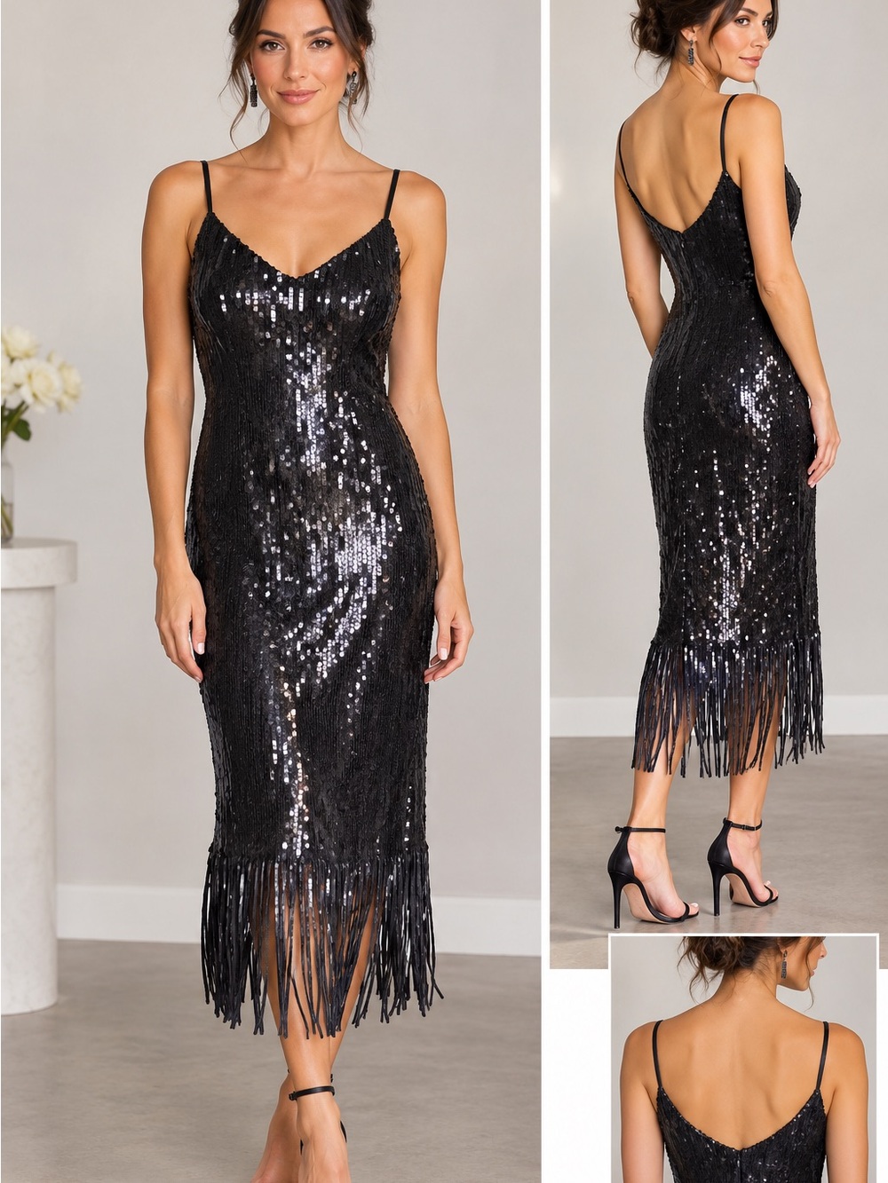 Black Sequin Fringe Midi Slip Dress